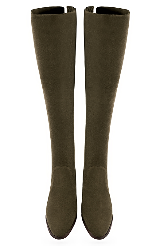 Khaki green women's leather thigh-high boots. Round toe. Flat leather soles. Made to measure. Top view - Florence KOOIJMAN